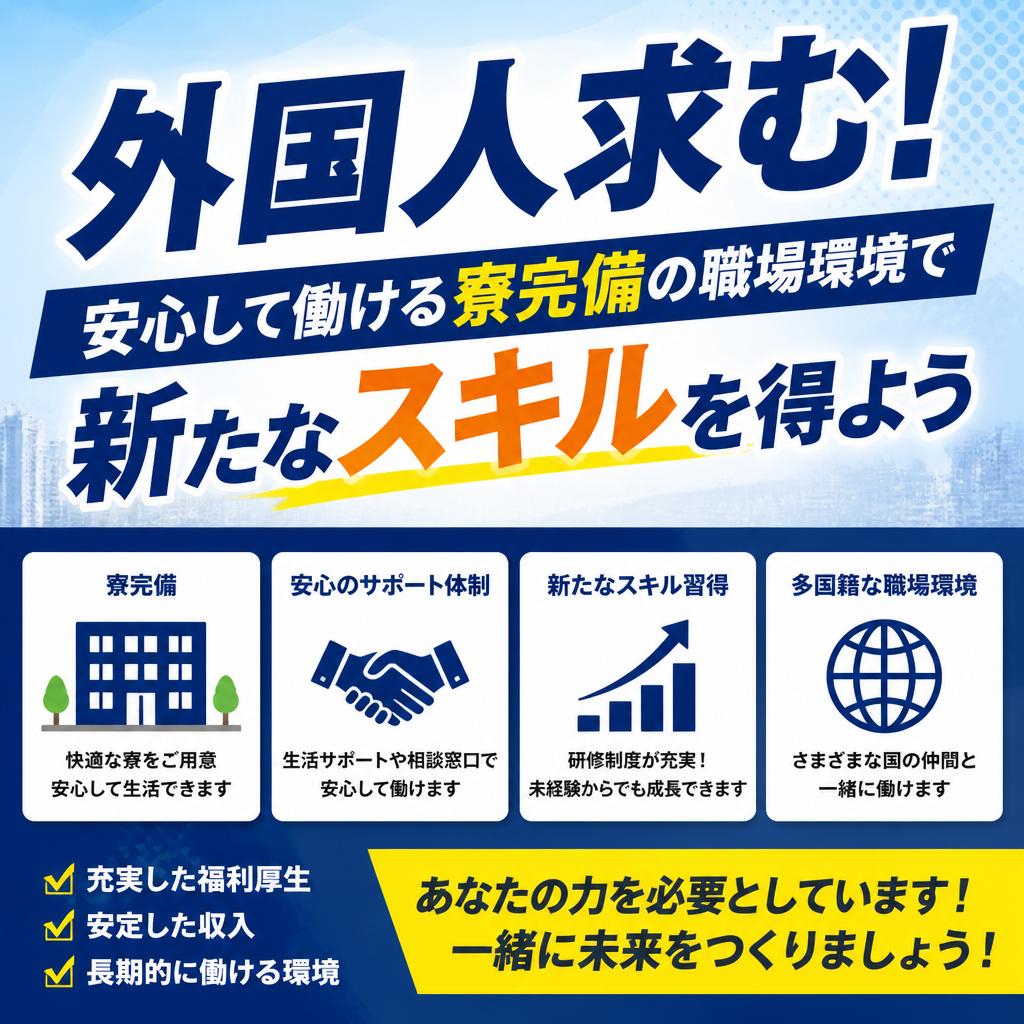 外国人求む！安心して働ける寮完備の職場環境で新たなスキルを得よう