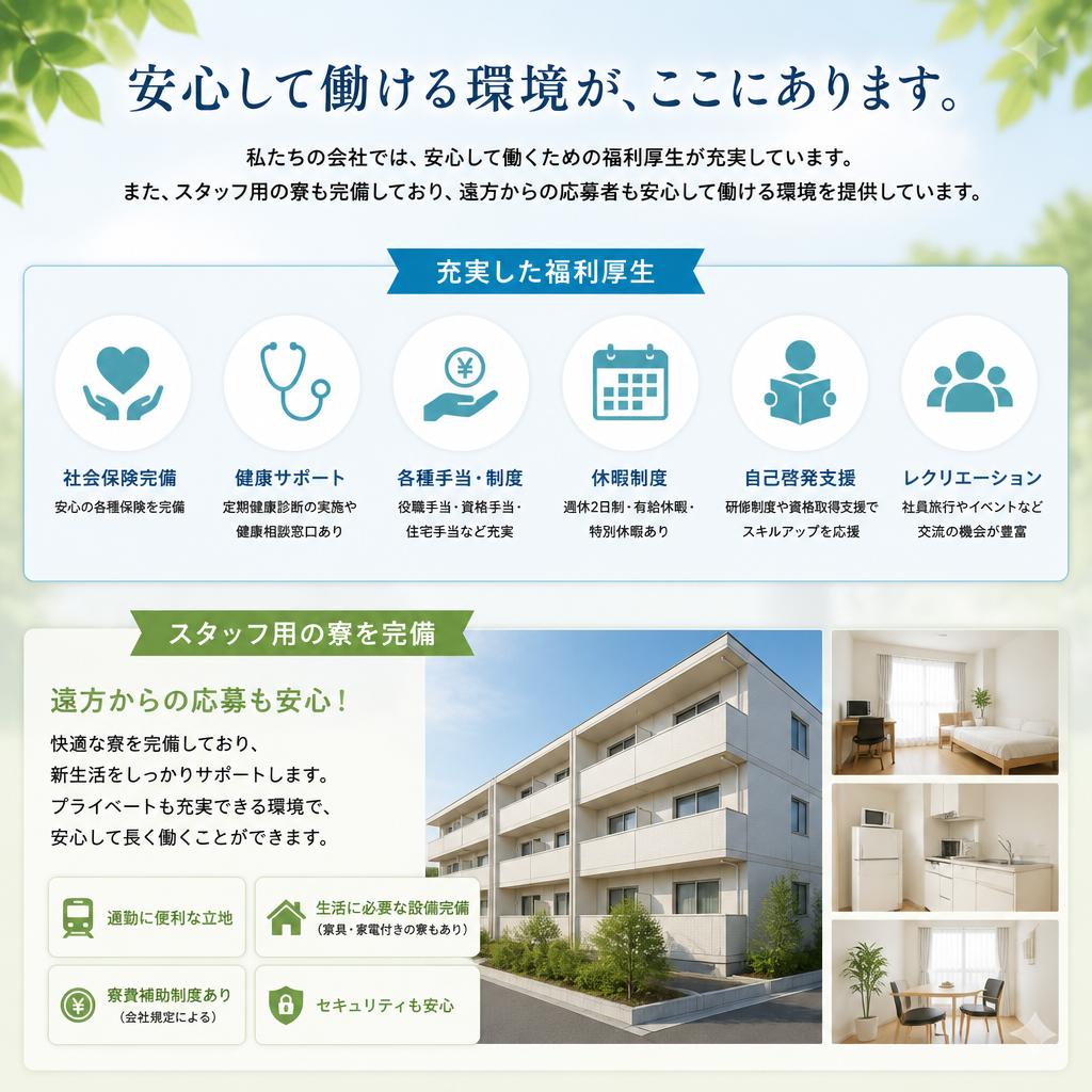 充実の福利厚生と寮完備