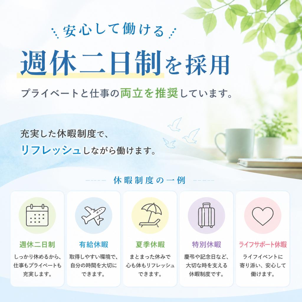 週休二日制で働きやすい環境