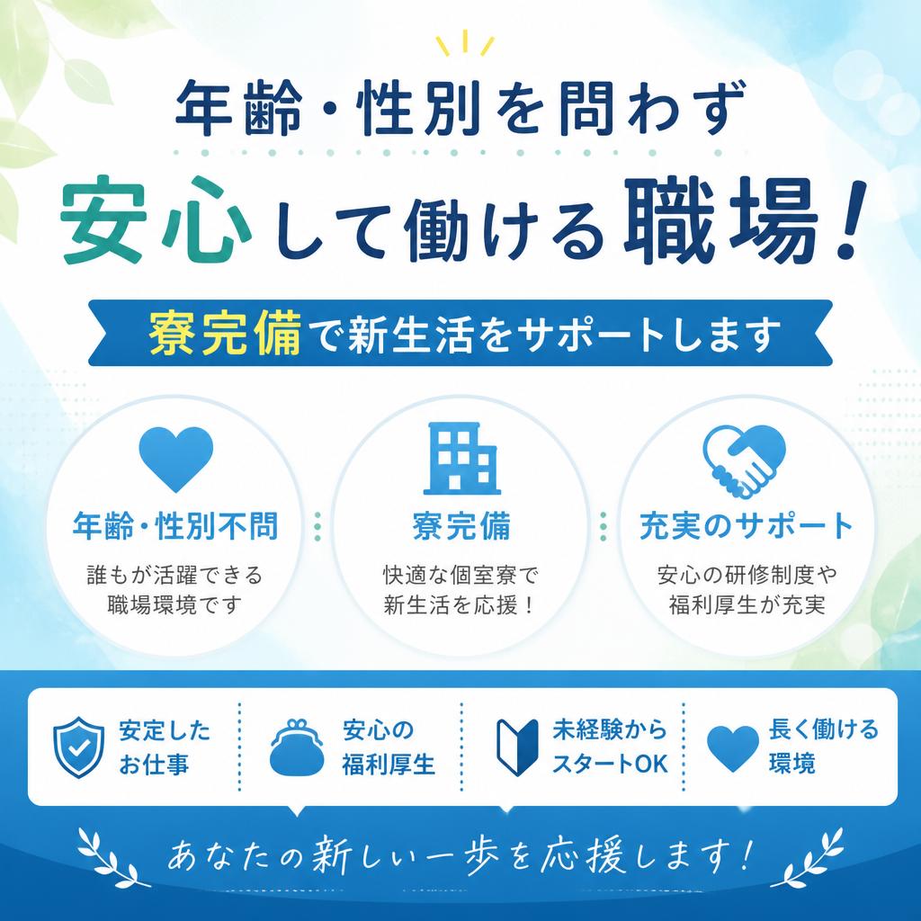 年齢・性別を問わず安心して働ける職場！寮完備で新生活をサポートします