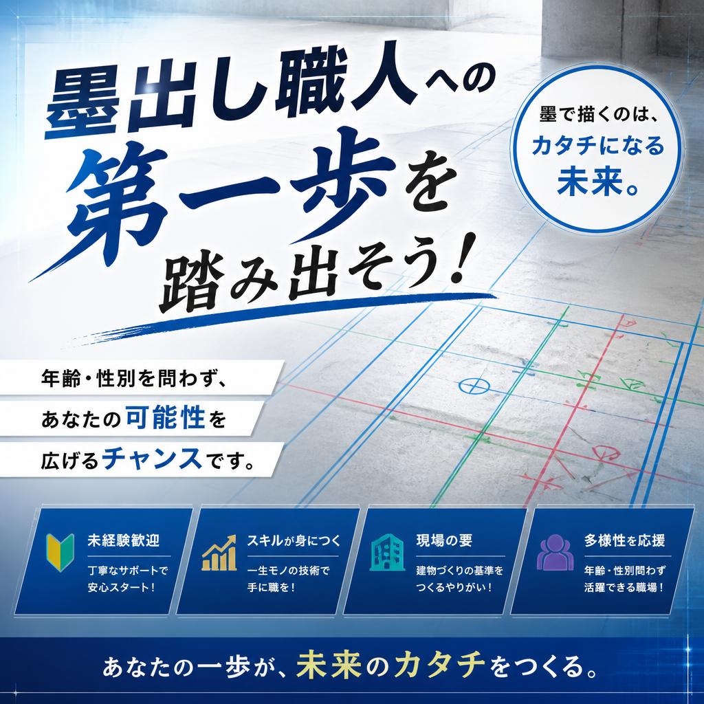 墨出し職人への第一歩を踏み出そう！年齢・性別を問わず、あなたの可能性を広げるチャンスです。