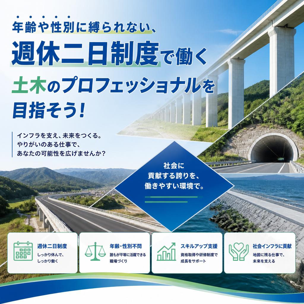 年齢や性別に縛られない、週休二日制度で働く土木のプロフェッショナルを目指そう！