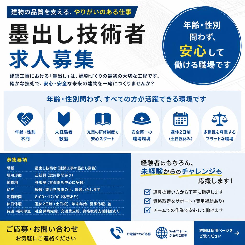 年齢性別問わず、安心して働ける墨出し技術者の求人募集