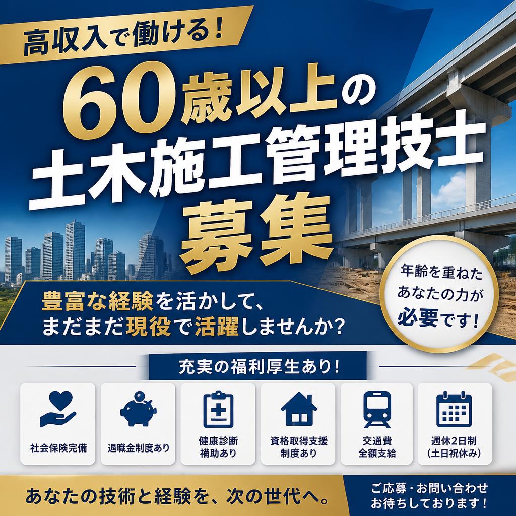 高収入で働ける！60歳以上の土木施工管理技士募集、充実の福利厚生あり！