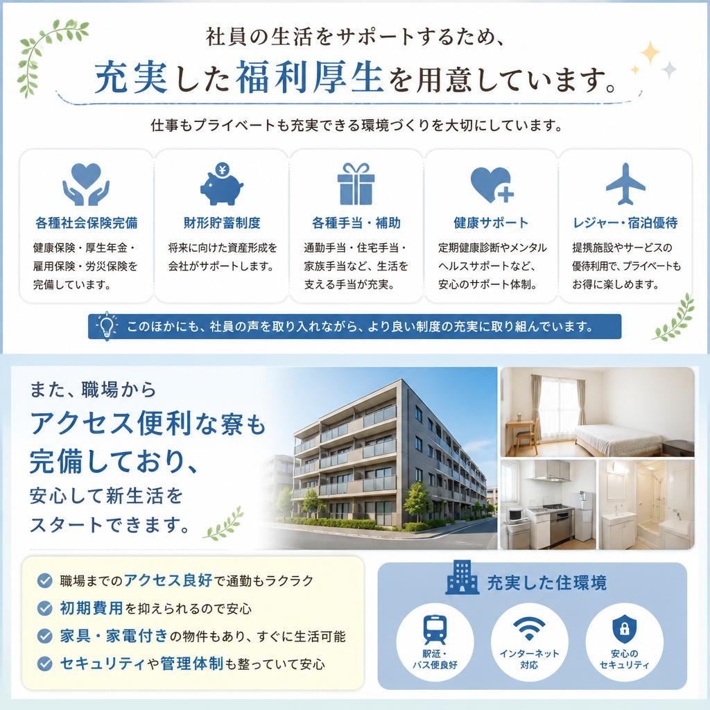 充実した福利厚生と寮完備