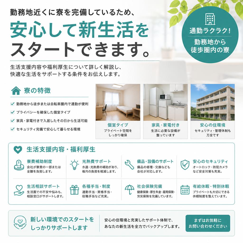 安心の寮完備、生活支援が充実