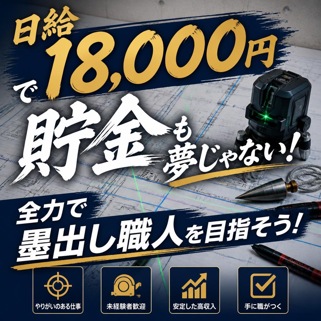 日給18,000円で貯金も夢じゃない！全力で墨出し職人を目指そう！